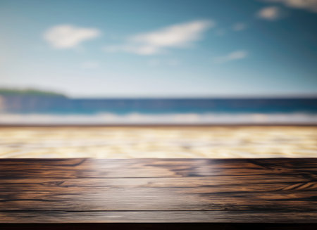 The dark wood table on the beach with a blurred background with copy spaceの素材