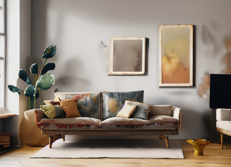 Scandinavian industrial living room with vintage sofa coffee table laptop and watercolor painting.の素材
