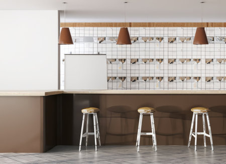 White and brown tile coffee shop interior with bar, with copy spaceの素材