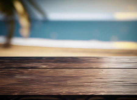The dark wood table on the beach with a blurred background with copy spaceの素材