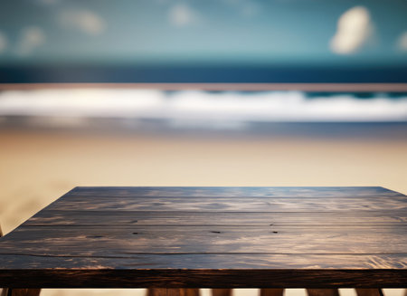 The dark wood table on the beach with a blurred background with copy spaceの素材