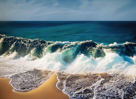 An azure wave with foam breaks on the shore.の素材