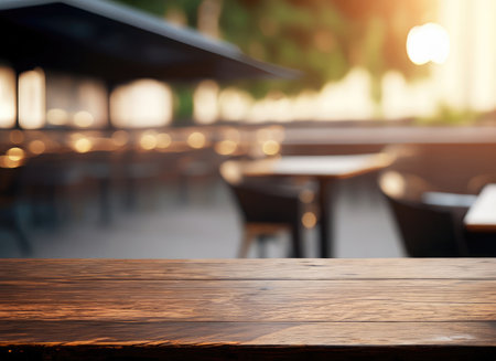 The dark wood table in the out door cafe with a blurred background with copy spaceの素材