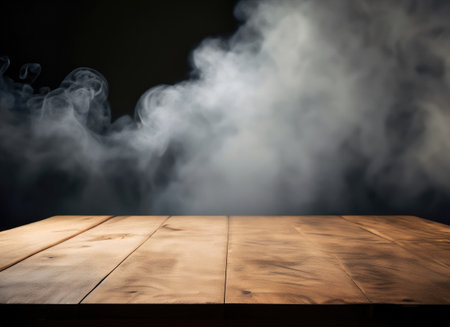 empty wooden table with cloud smoke float up on dark backgroundの素材