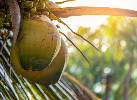 Coconut grows on a tree in the harvest garden on everning sun flare.の素材