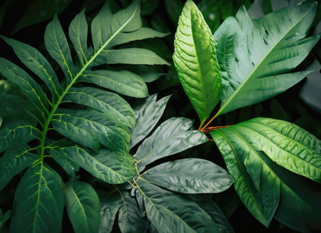 Tropical green leaves on dark background, nature summer forest plant conceptの素材