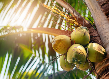 Coconut grows on a tree in the harvest garden on everning sun flare.の素材