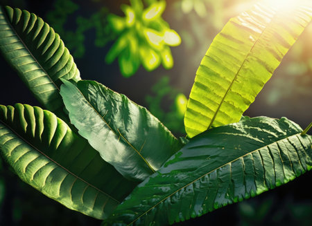 Tropical green leaves on dark background, nature summer forest plant conceptの素材