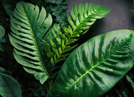 Tropical green leaves on dark background, nature summer forest plant conceptの素材