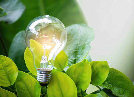 light bulb against nature on green leaf, Sustainable developmen and responsible environmentの素材