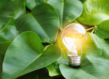 light bulb against nature on green leaf, Sustainable developmen and responsible environmentの素材