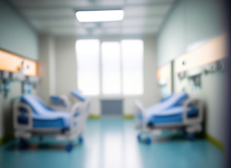 Abstract blur luxury hospital corridor. Blur clinic interior background with defocused effect. Healthcare and medical conceptの素材
