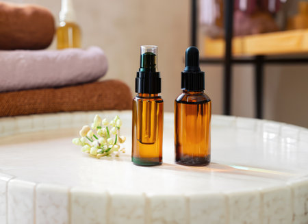 Bottles on the background of the spa room. Skin care serum or natural cosmetics with essential oil.の素材