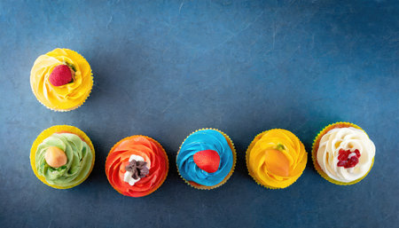 Tasty cupcakes on the Dark table. Top view of Colorful Cup Cakeの素材