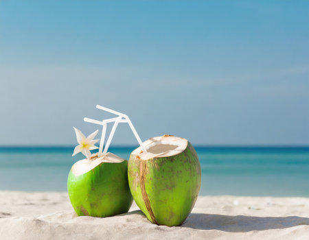 tropical coconut drinks on the beach, minimalist with copy space background.の素材