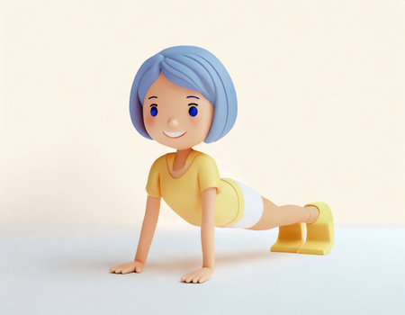 3D Character practicing yoga doing push and press ups plank pose.の素材