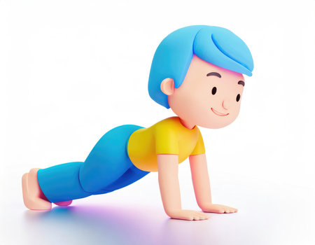 3D Character practicing yoga doing push and press ups plank pose.の素材