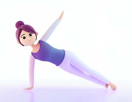 3D Character practicing yoga doing push and press ups plank pose.の素材