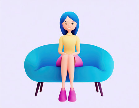 3D Character with cartoon sitting on sofa and smiling.の素材
