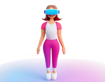 Cartoon character wearing vr glasses headset, body floating in cyberspace. Concept of immersion and metaverseの素材