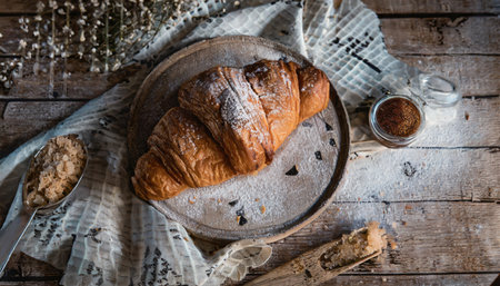 Freshly baked croissants with berries jam, chocolat, dark wooden backgroundの素材