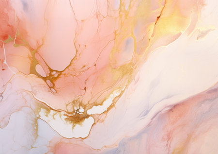 Abstract rose blush liquid watercolor background with golden lines, dots and stains. Pastel marble alcohol ink drawing effectの素材