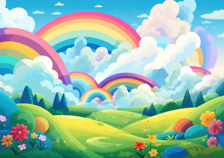 Magical World with This Adorable in a Beautiful Nature Background, rainbows and cute cat.の素材