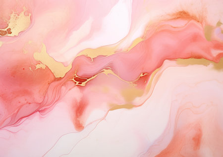 Rose pink liquid watercolor background with golden dots. Dusty blush marble alcohol ink drawing effect.の素材