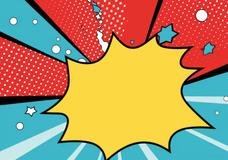 Colorful comic book background with blank white speech bubbles of different shapesの素材