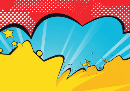 Colorful comic book background with blank white speech bubbles of different shapesの素材