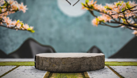 3D products podium rock stone on background with sakura flower, minimal scene for product placement, pedestalの素材
