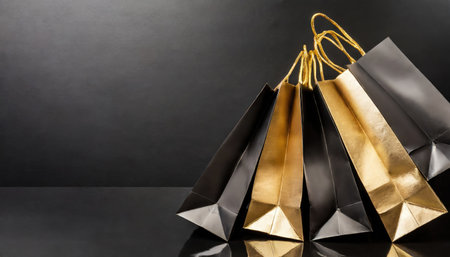 Group of different gold shopping bags over black background. new year and black Friday concept.の素材