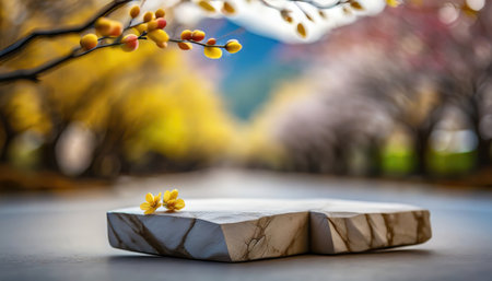 3D products podium rock stone with landscape background, minimal scene for product placement, pedestal,の素材