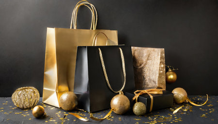 Group of different gold shopping bags over black background. new year and black Friday concept.の素材
