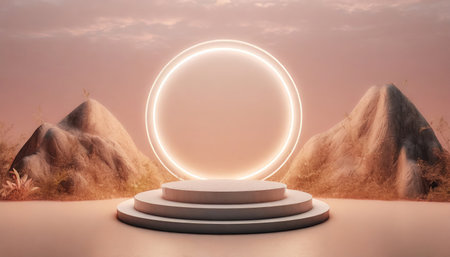 Valentine concept. Realistic pink and 3D cylinder pedestal podium with glowing neon lamp. A minimal scene for the products stage showcase.の素材