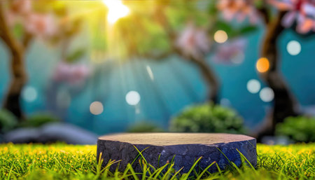 3D products podium rock stone on background with sakura flower, minimal scene for product placement, pedestalの素材