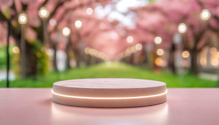 Valentine concept. 3d products podium with pink neon and sakura blossom flower background.の素材