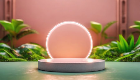 Valentine concept. 3d products podium with pink neon and Plants background.の素材