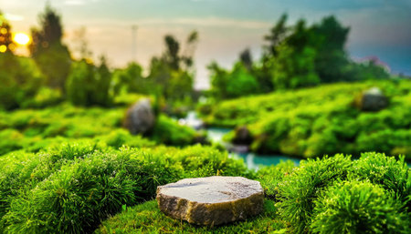 3D display podium green background with natural green grass and sun shadow. Nature minimal pedestal, beauty, cosmetic product presentationの素材