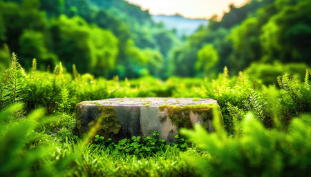 3D display podium green background with natural green grass and sun shadow. Nature minimal pedestal, beauty, cosmetic product presentationの素材
