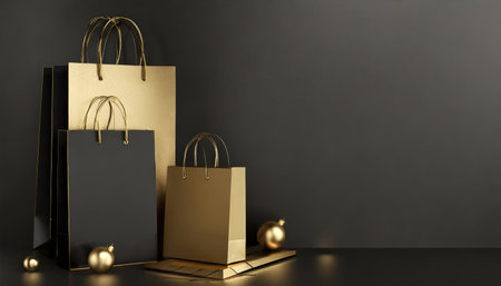 Black Friday concept. creative black and gold composition with shopping bagsの素材