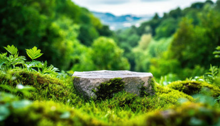 3D display podium green background with natural green grass and sun shadow. Nature minimal pedestal, beauty, cosmetic product presentationの素材