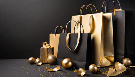 Group of different gold shopping bags over black background. new year and black Friday concept.の素材