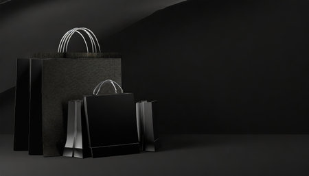 Black Friday concept. black paper shopping bags on black background. Black friday banner sale, shopping.の素材