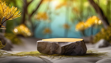 3D products podium rock stone on background with sakura flower, minimal scene for product placement, pedestalの素材