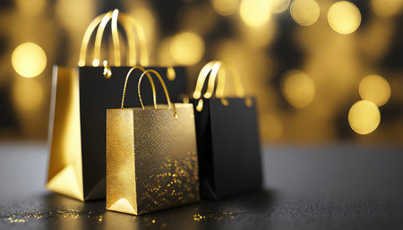 Black Friday concept. creative black and gold composition with shopping bagsの素材