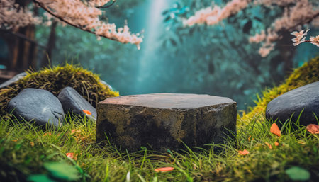 3D products podium rock stone on background with sakura flower, minimal scene for product placement, pedestalの素材