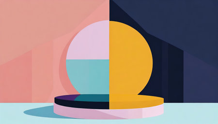 Abstract 3d products podium with colorful round shape ,Pink, yellow, purple, green and blue color cylinder stand podium for mockup product display.の素材