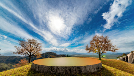 3D products podium rock stone with landscape background, minimal scene for product placement, pedestal,の素材