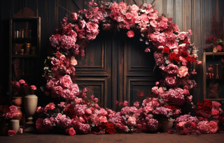 floral hoop digital backdrops. shoot set up with prop Flower and wood backdrop.の素材